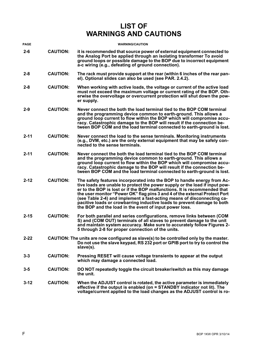 List of warnings and cautions | KEPCO BOP 1KW-MG Operator Manual, Firmware Ver.4.12 and higher User Manual | Page 8 / 196