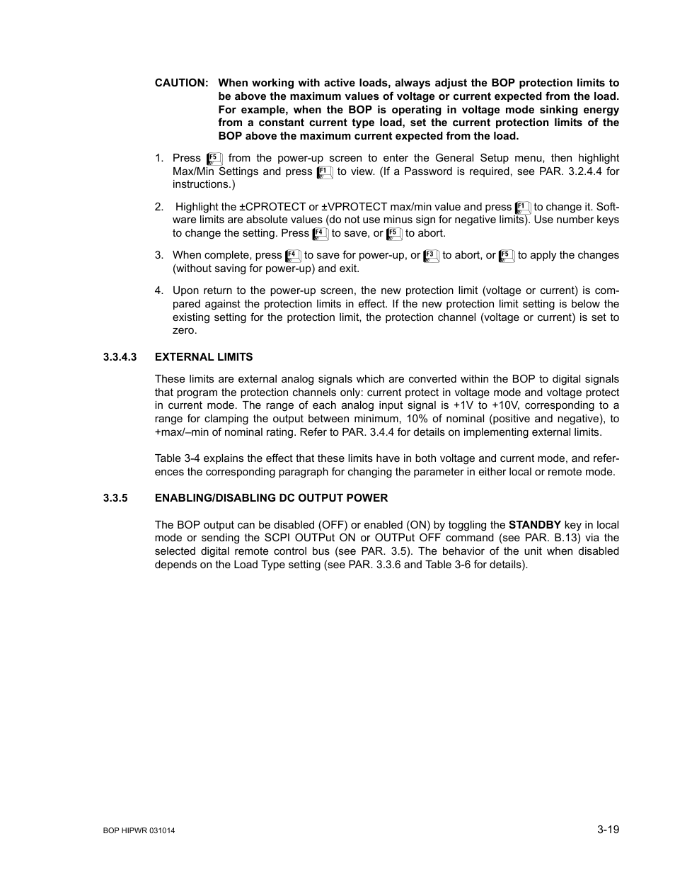 3 external limits, 5 enabling/disabling dc output power, Caution | External limits -19, Enabling/disabling dc output power -19 | KEPCO BOP 1KW-MG Operator Manual, Firmware Ver.4.12 and higher User Manual | Page 85 / 196