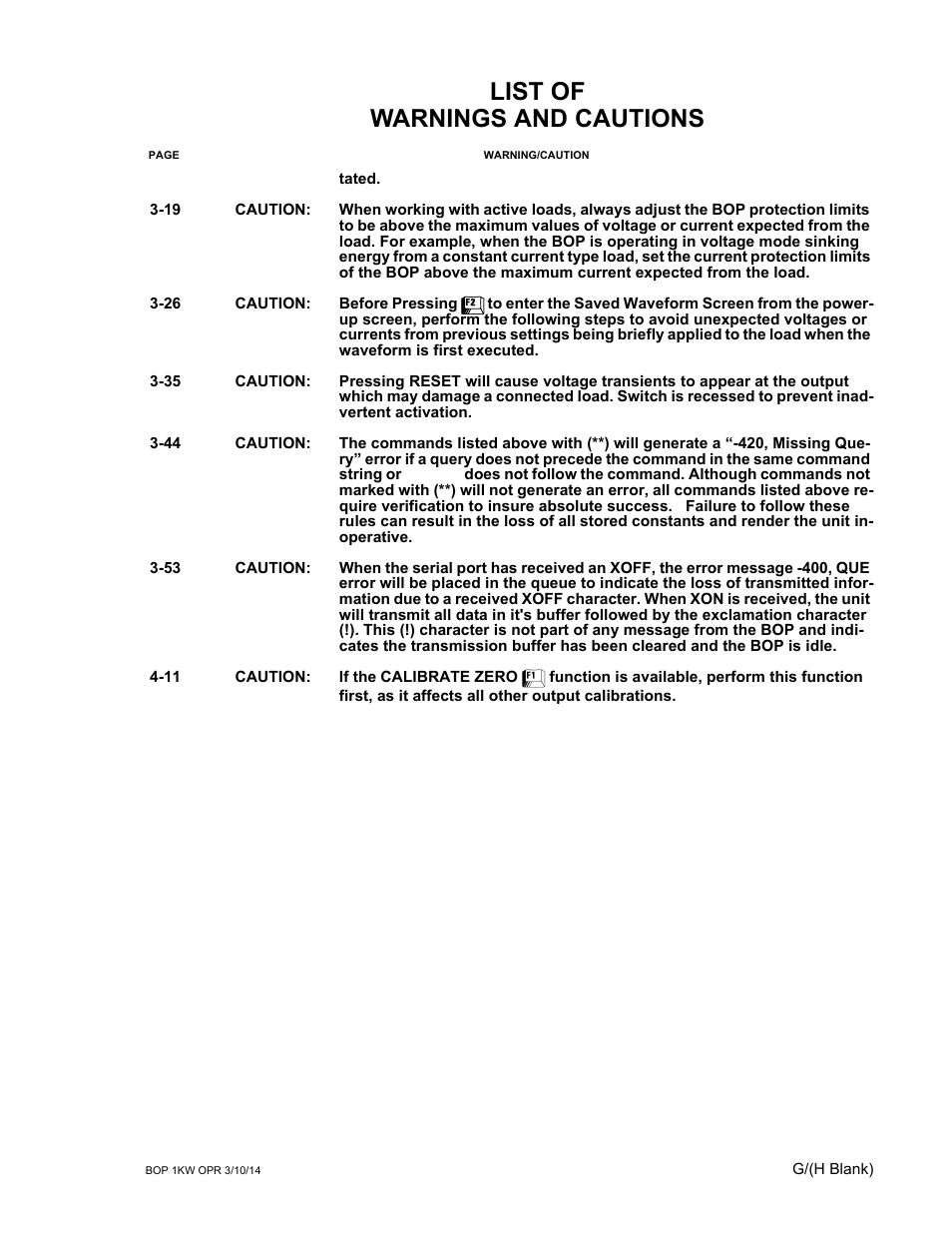 List of warnings and cautions | KEPCO BOP 1KW-MG Operator Manual, Firmware Ver.4.12 and higher User Manual | Page 9 / 196