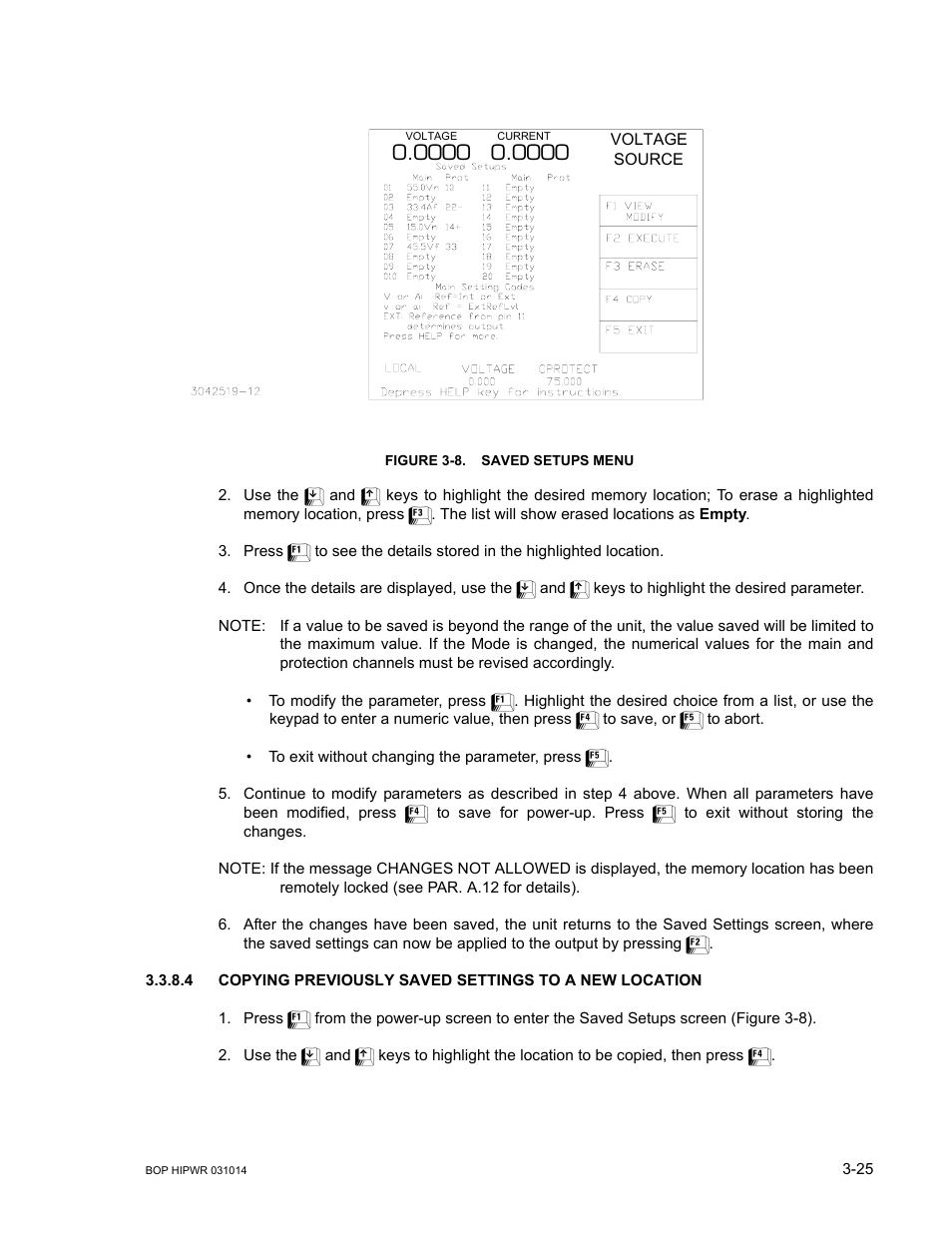 Figure 3-8. saved setups menu, Saved setups menu -25, Ure 3-8): re | E 3-8). for, E 3-8) | KEPCO BOP 1KW-MG Operator Manual, Firmware Ver.4.12 and higher User Manual | Page 91 / 196