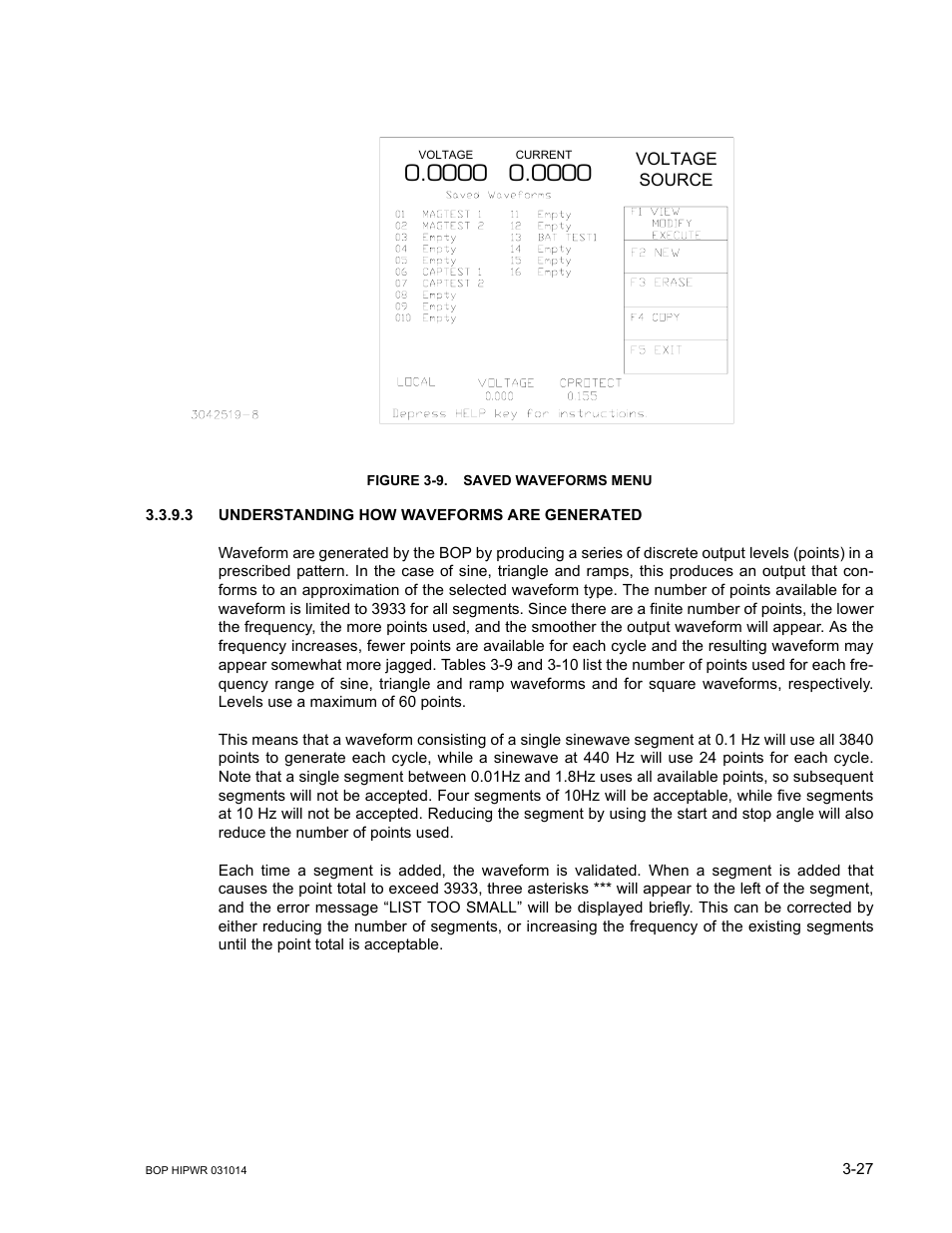 Figure 3-9. saved waveforms menu, 3 understanding how waveforms are generated, Understanding how waveforms are generated -27 | Saved waveforms menu -27, E 3-9): cho | KEPCO BOP 1KW-MG Operator Manual, Firmware Ver.4.12 and higher User Manual | Page 93 / 196