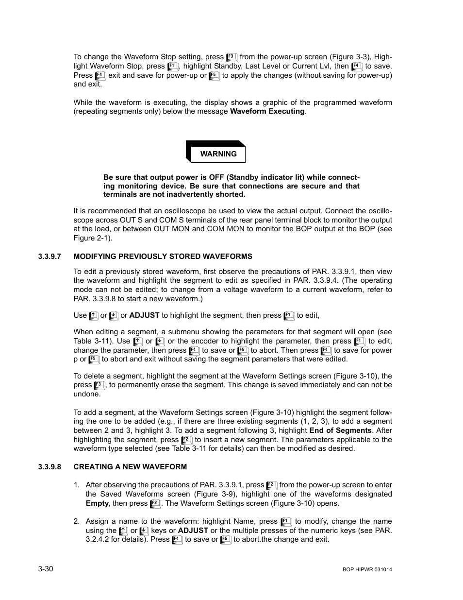 7 modifying previously stored waveforms, 8 creating a new waveform, Modifying previously stored waveforms -30 | Creating a new waveform -30 | KEPCO BOP 1KW-MG Operator Manual, Firmware Ver.4.12 and higher User Manual | Page 96 / 196