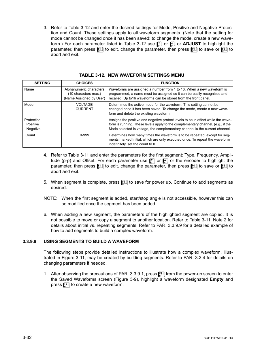 Table 3-12. new waveform settings menu, 9 using segments to build a waveform, Using segments to build a waveform -32 | 12 new waveform settings menu -32, Able 3-12) | KEPCO BOP 1KW-MG Operator Manual, Firmware Ver.4.12 and higher User Manual | Page 98 / 196