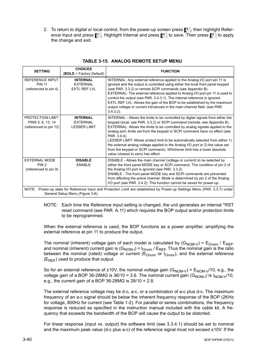 Table 3-15. analog remote setup menu, 15 analog remote setup menu -40, 15): r | 15 list the | KEPCO BOP 1KW-MG Operator Manual, Firmware Ver.4.08 to 4.11 User Manual | Page 104 / 194