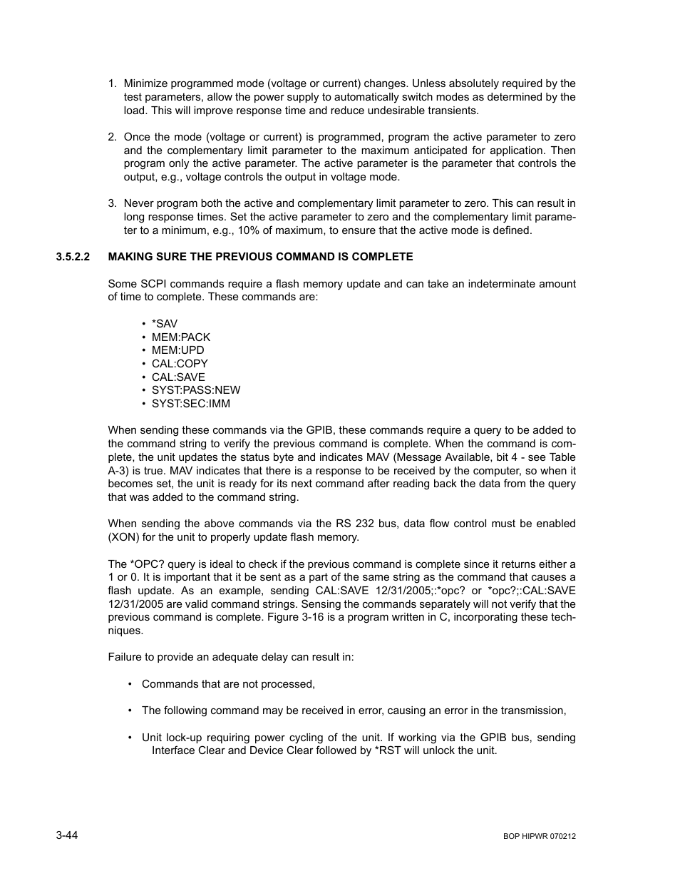 2 making sure the previous command is complete, Making sure the previous command is complete -44 | KEPCO BOP 1KW-MG Operator Manual, Firmware Ver.4.08 to 4.11 User Manual | Page 108 / 194