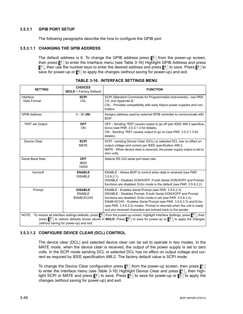 1 gpib port setup, 1 changing the gpib address, Table 3-16. interface settings menu | 2 configure device clear (dcl) control, Gpib port setup -46, Changing the gpib address -46, Configure device clear (dcl) control -46, 16 interface settings menu -46, R 3.5.3.1, R. 3.5.3.1 | KEPCO BOP 1KW-MG Operator Manual, Firmware Ver.4.08 to 4.11 User Manual | Page 110 / 194