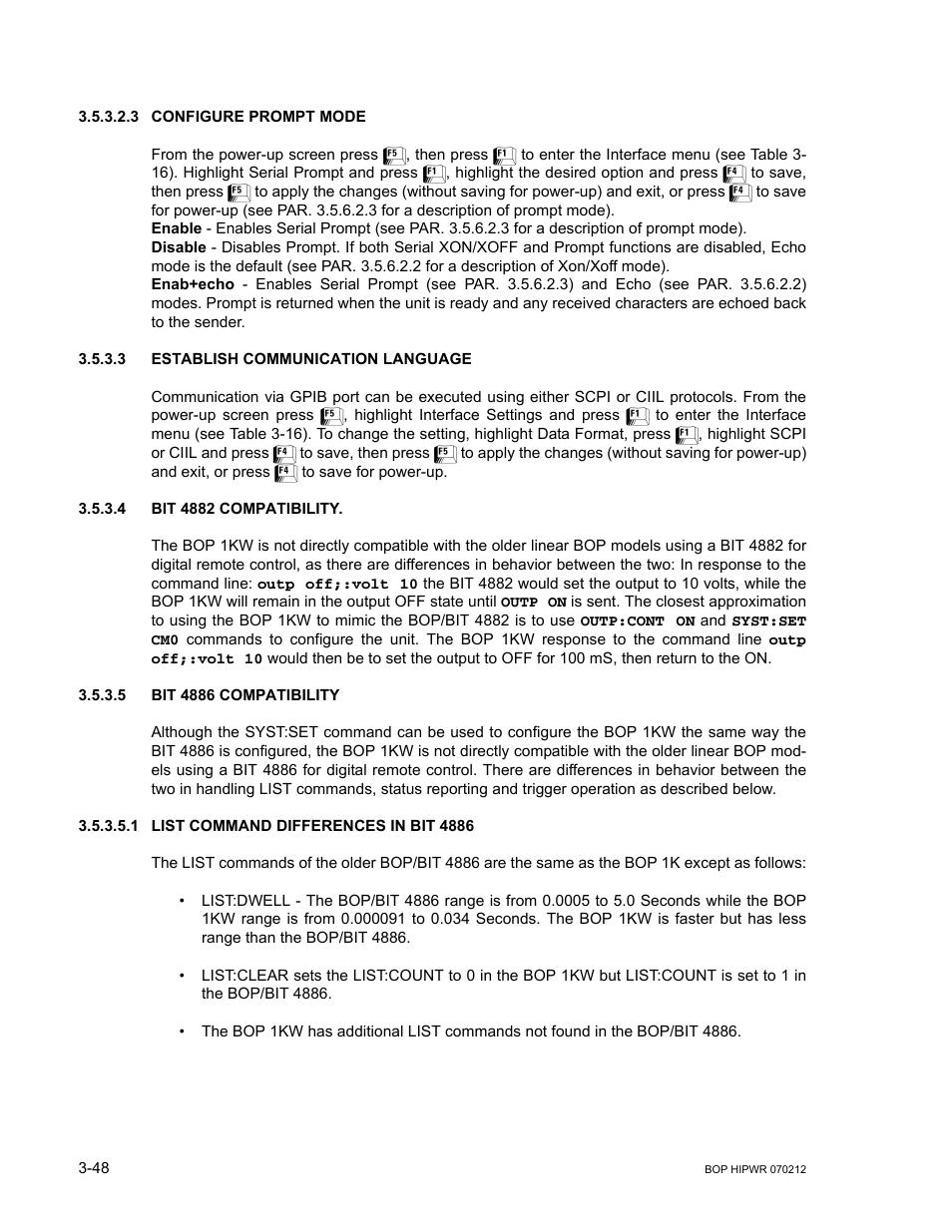 3 configure prompt mode, 3 establish communication language, 4 bit 4882 compatibility | 5 bit 4886 compatibility, 1 list command differences in bit 4886, Configure prompt mode -48, Establish communication language -48, Bit 4882 compatibility -48, Bit 4886 compatibility -48, List command differences in bit 4886 -48 | KEPCO BOP 1KW-MG Operator Manual, Firmware Ver.4.08 to 4.11 User Manual | Page 112 / 194