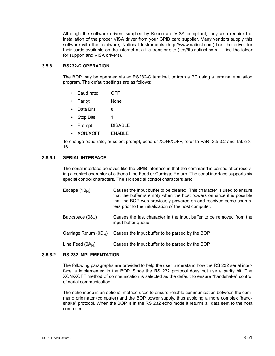 6 rs232-c operation, 1 serial interface, 2 rs 232 implementation | Rs232-c operation -51, Serial interface -51, Rs 232 implementation -51, R. 3.5.6 | KEPCO BOP 1KW-MG Operator Manual, Firmware Ver.4.08 to 4.11 User Manual | Page 115 / 194