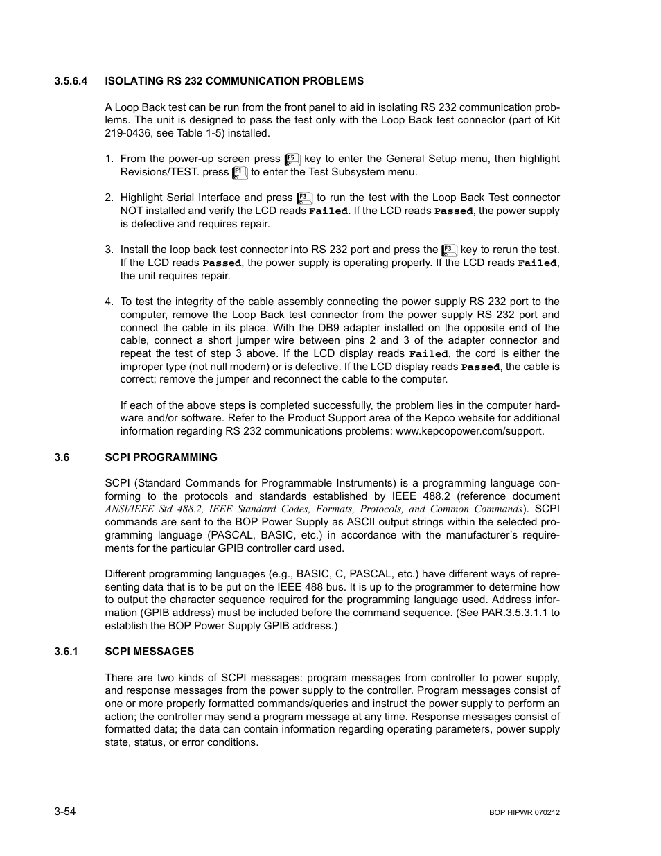 4 isolating rs 232 communication problems, 6 scpi programming, 1 scpi messages | Isolating rs 232 communication problems -54, Scpi programming -54, Scpi messages -54, R. 3.6, 6; app, R. 3.5.6.4), R. 3.6) | KEPCO BOP 1KW-MG Operator Manual, Firmware Ver.4.08 to 4.11 User Manual | Page 118 / 194