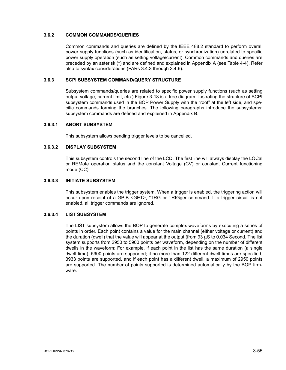 2 common commands/queries, 3 scpi subsystem command/query structure, 1 abort subsystem | 2 display subsystem, 3 initiate subsystem, 4 list subsystem, Common commands/queries -55, Scpi subsystem command/query structure -55, Abort subsystem -55, Display subsystem -55 | KEPCO BOP 1KW-MG Operator Manual, Firmware Ver.4.08 to 4.11 User Manual | Page 119 / 194