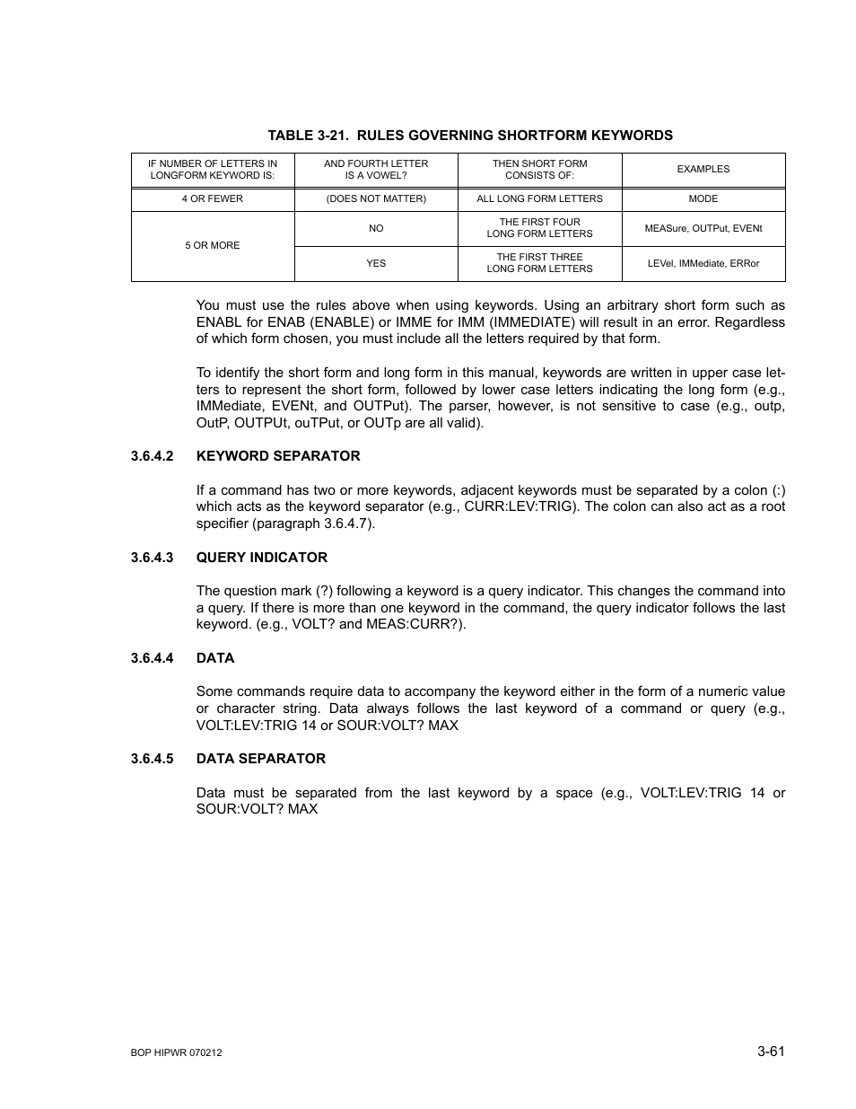 Table 3-21. rules governing shortform keywords, 2 keyword separator, 3 query indicator | 4 data, 5 data separator, Keyword separator -61, Query indicator -61, Data -61, Data separator -61, 21 rules governing shortform keywords -61 | KEPCO BOP 1KW-MG Operator Manual, Firmware Ver.4.08 to 4.11 User Manual | Page 125 / 194