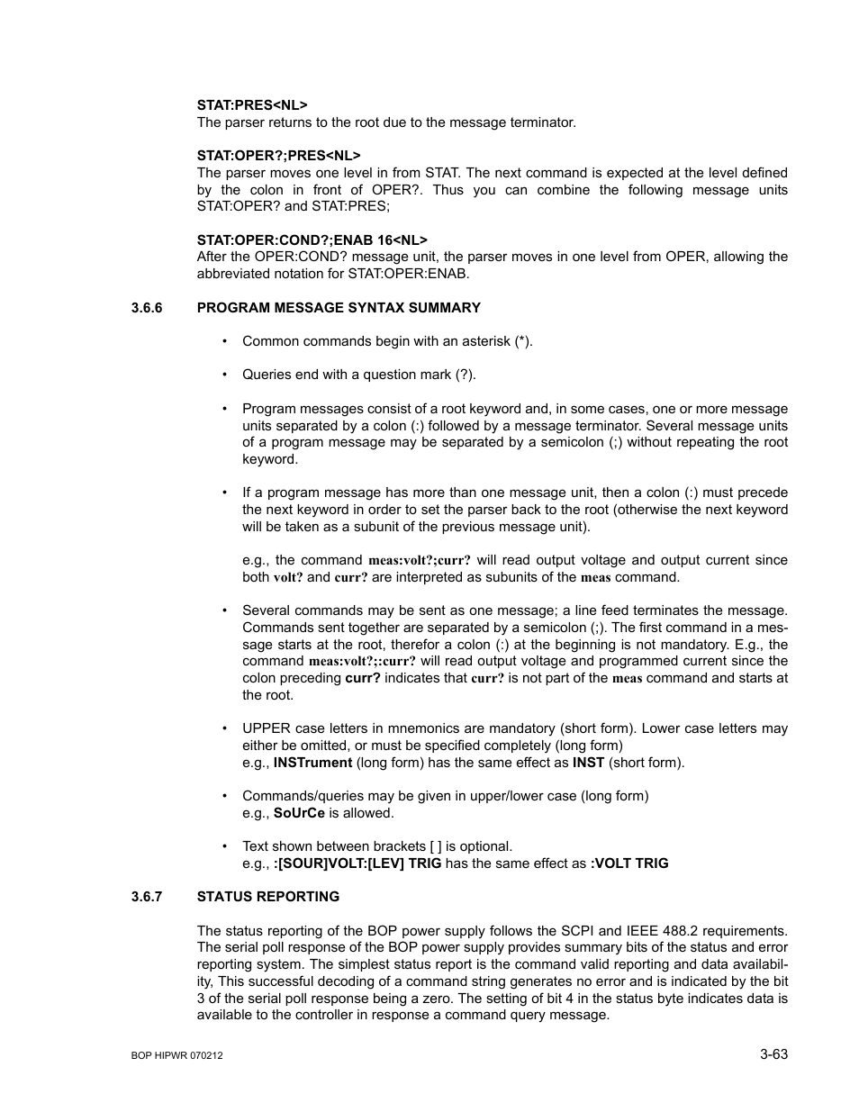6 program message syntax summary, 7 status reporting, Program message syntax summary -63 | Status reporting -63 | KEPCO BOP 1KW-MG Operator Manual, Firmware Ver.4.08 to 4.11 User Manual | Page 127 / 194