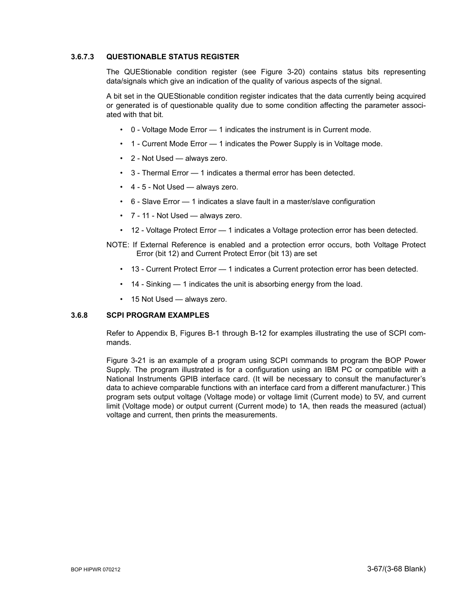 3 questionable status register, 8 scpi program examples, Questionable status register -67 | Scpi program examples -67 | KEPCO BOP 1KW-MG Operator Manual, Firmware Ver.4.08 to 4.11 User Manual | Page 131 / 194