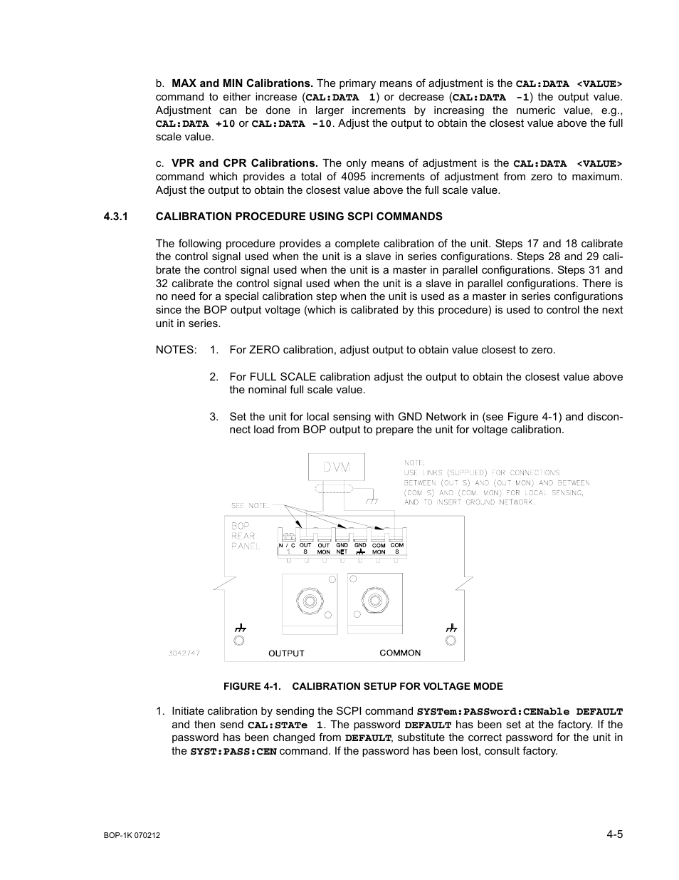 1 calibration procedure using scpi commands, Figure 4-1. calibration setup for voltage mode, Calibration procedure using scpi commands -5 | Calibration setup for voltage mode -5 | KEPCO BOP 1KW-MG Operator Manual, Firmware Ver.4.08 to 4.11 User Manual | Page 137 / 194