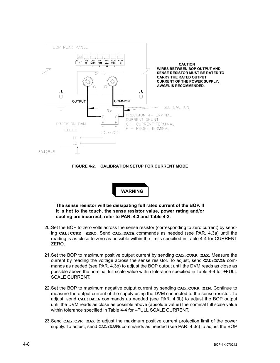 Figure 4-2. calibration setup for current mode, Calibration setup for current mode -8, Refer to figure 4-2 to connect | KEPCO BOP 1KW-MG Operator Manual, Firmware Ver.4.08 to 4.11 User Manual | Page 140 / 194