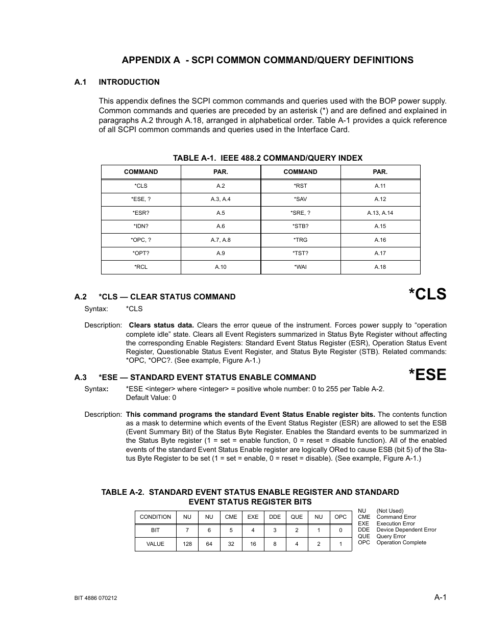 Appendix a - scpi common command/query definitions, A.1 introduction, Table a-1. ieee 488.2 command/query index | A.2 *cls — clear status command, A.3 *ese — standard event status enable command | KEPCO BOP 1KW-MG Operator Manual, Firmware Ver.4.08 to 4.11 User Manual | Page 149 / 194