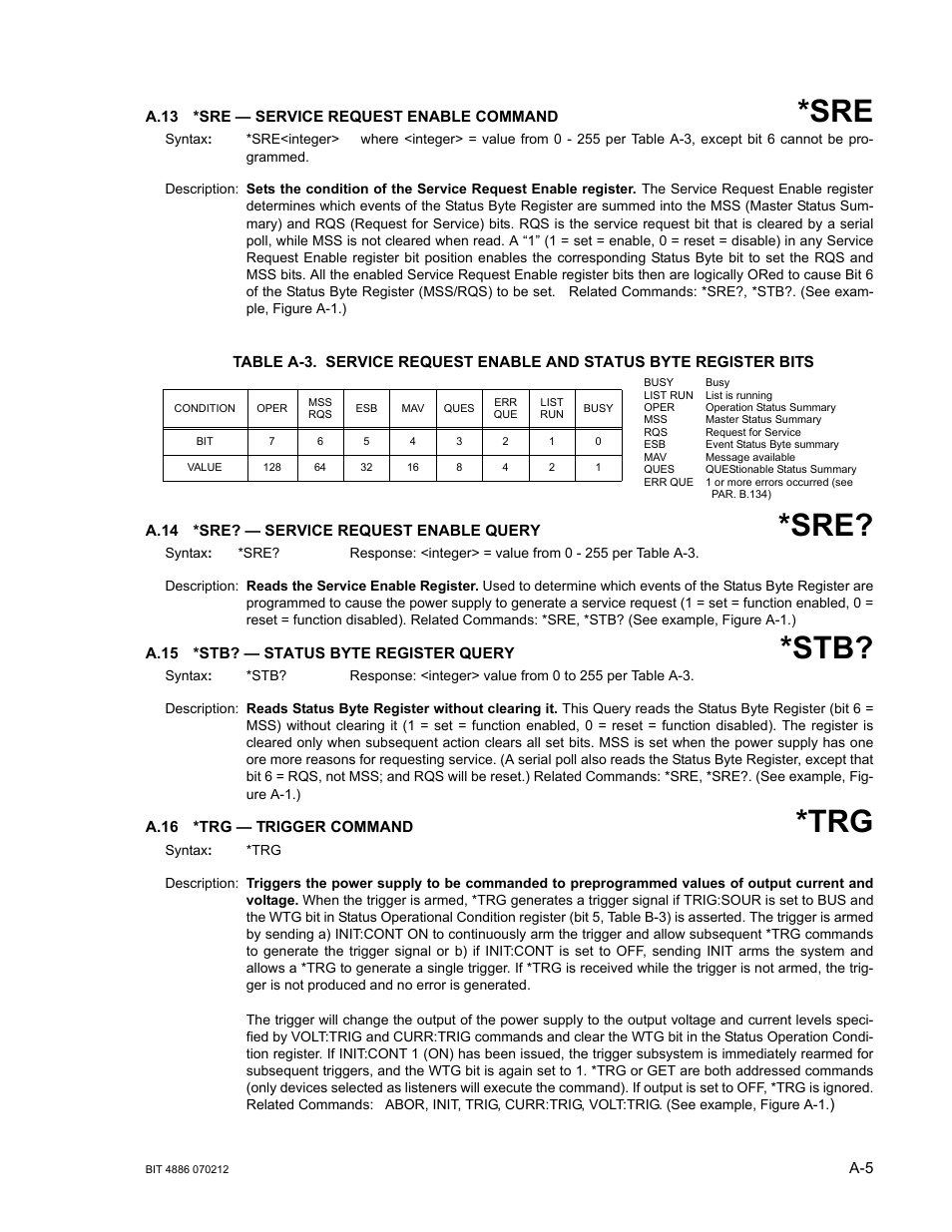 A.13 *sre — service request enable command, A.14 *sre? — service request enable query, A.15 *stb? — status byte register query | A.16 *trg — trigger command, A.13, A.14, A.15, A.16, A.13, a.14 | KEPCO BOP 1KW-MG Operator Manual, Firmware Ver.4.08 to 4.11 User Manual | Page 153 / 194