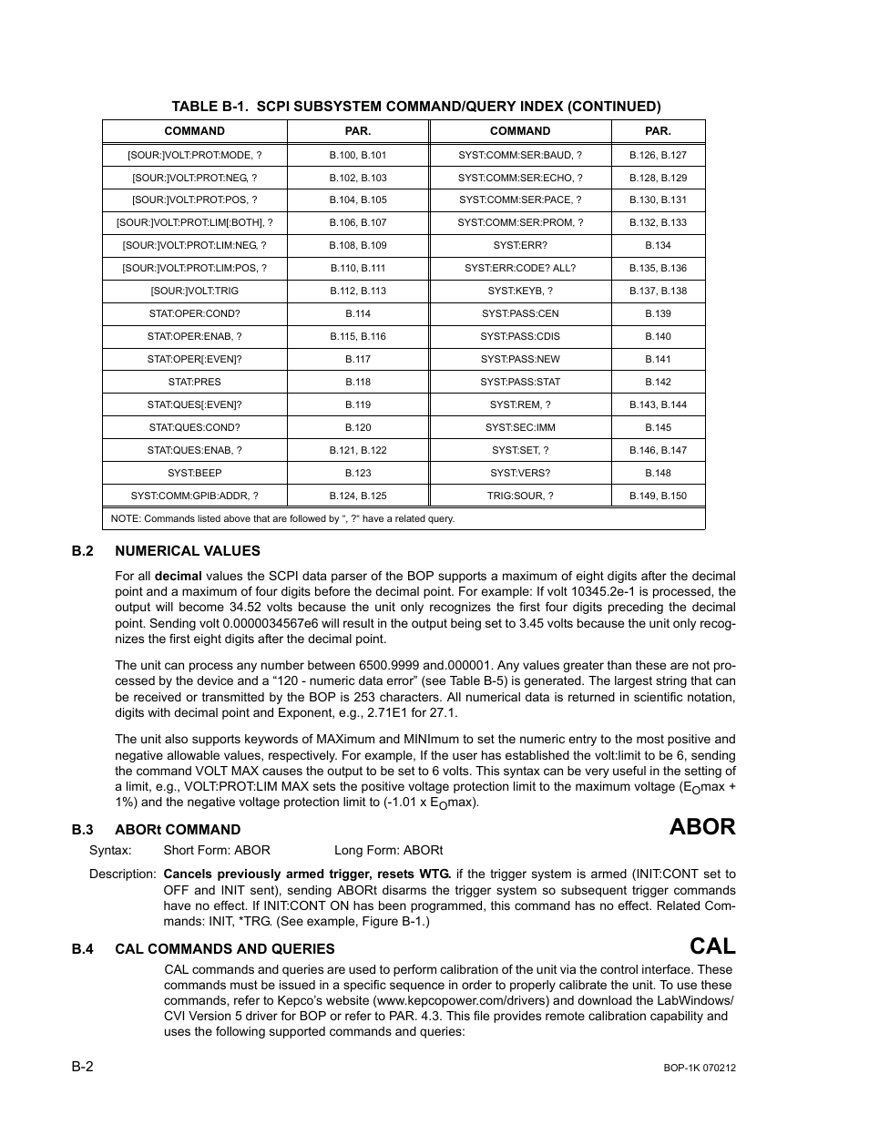 B.2 numerical values, B.3 abort command, B.4 cal commands and queries | Abor, R. b.3 thr, B.4 cal, Commands and queries | KEPCO BOP 1KW-MG Operator Manual, Firmware Ver.4.08 to 4.11 User Manual | Page 156 / 194