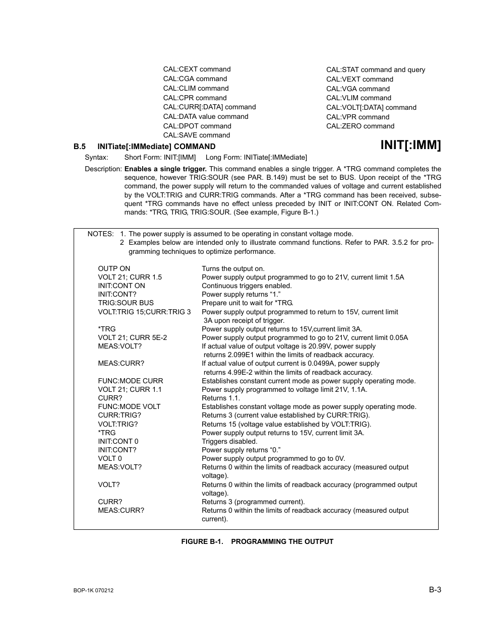 B.5 initiate[:immediate] command, Figure b-1. programming the output, Init | Iate, Gure b-1.), Init[:imm | KEPCO BOP 1KW-MG Operator Manual, Firmware Ver.4.08 to 4.11 User Manual | Page 157 / 194