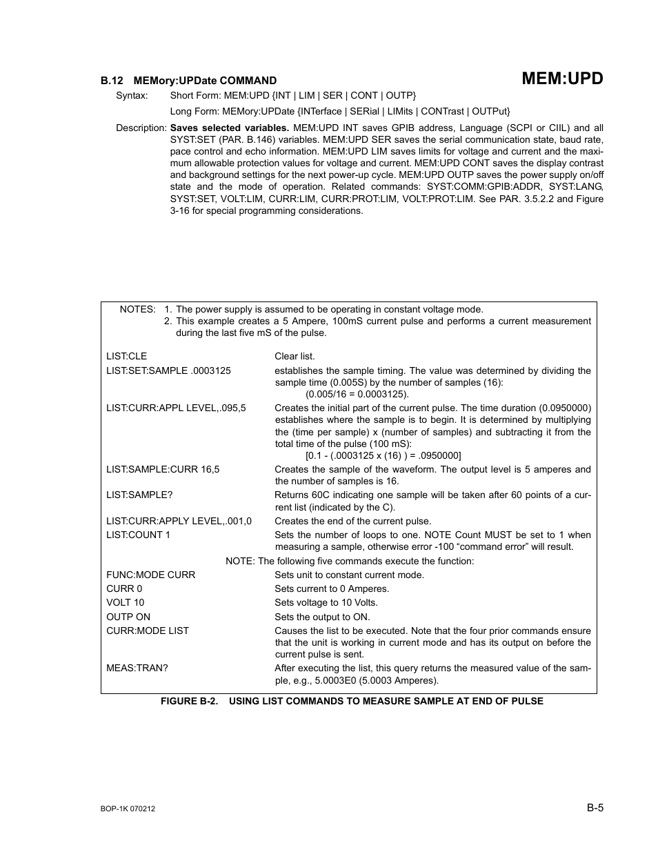 B.12 memory:update command, B.12, Mem:upd | KEPCO BOP 1KW-MG Operator Manual, Firmware Ver.4.08 to 4.11 User Manual | Page 159 / 194