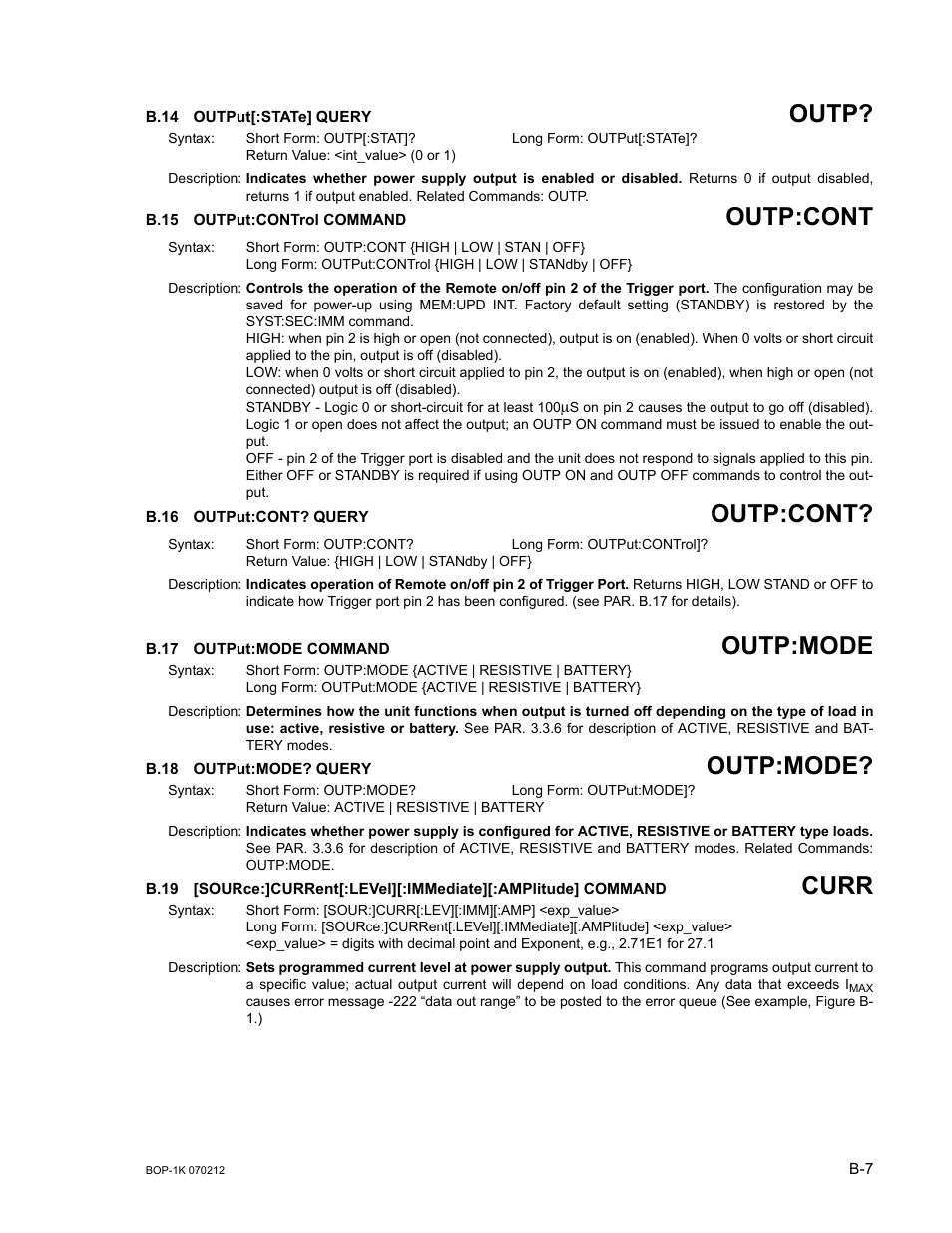 B.14 output[:state] query, B.15 output:control command, B.16 output:cont? query | B.17 output:mode command, B.18 output:mode? query, B.14, Outp, B.15, B.16, B.17 | KEPCO BOP 1KW-MG Operator Manual, Firmware Ver.4.08 to 4.11 User Manual | Page 161 / 194