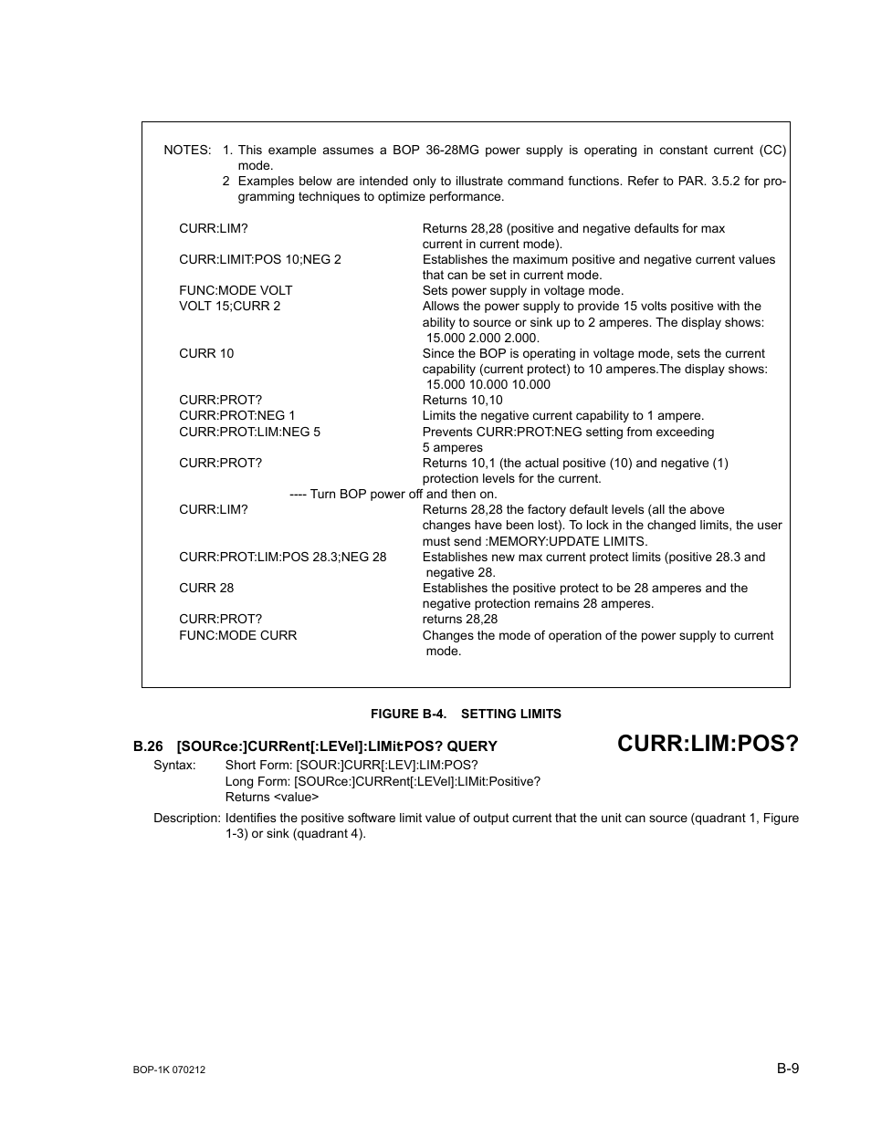 Figure b-4. setting limits, B.26 [source:]current[:level]:limit:pos? query, B.26 | Sour, B.26, b.26, B.26, b, Curr:lim:pos | KEPCO BOP 1KW-MG Operator Manual, Firmware Ver.4.08 to 4.11 User Manual | Page 163 / 194