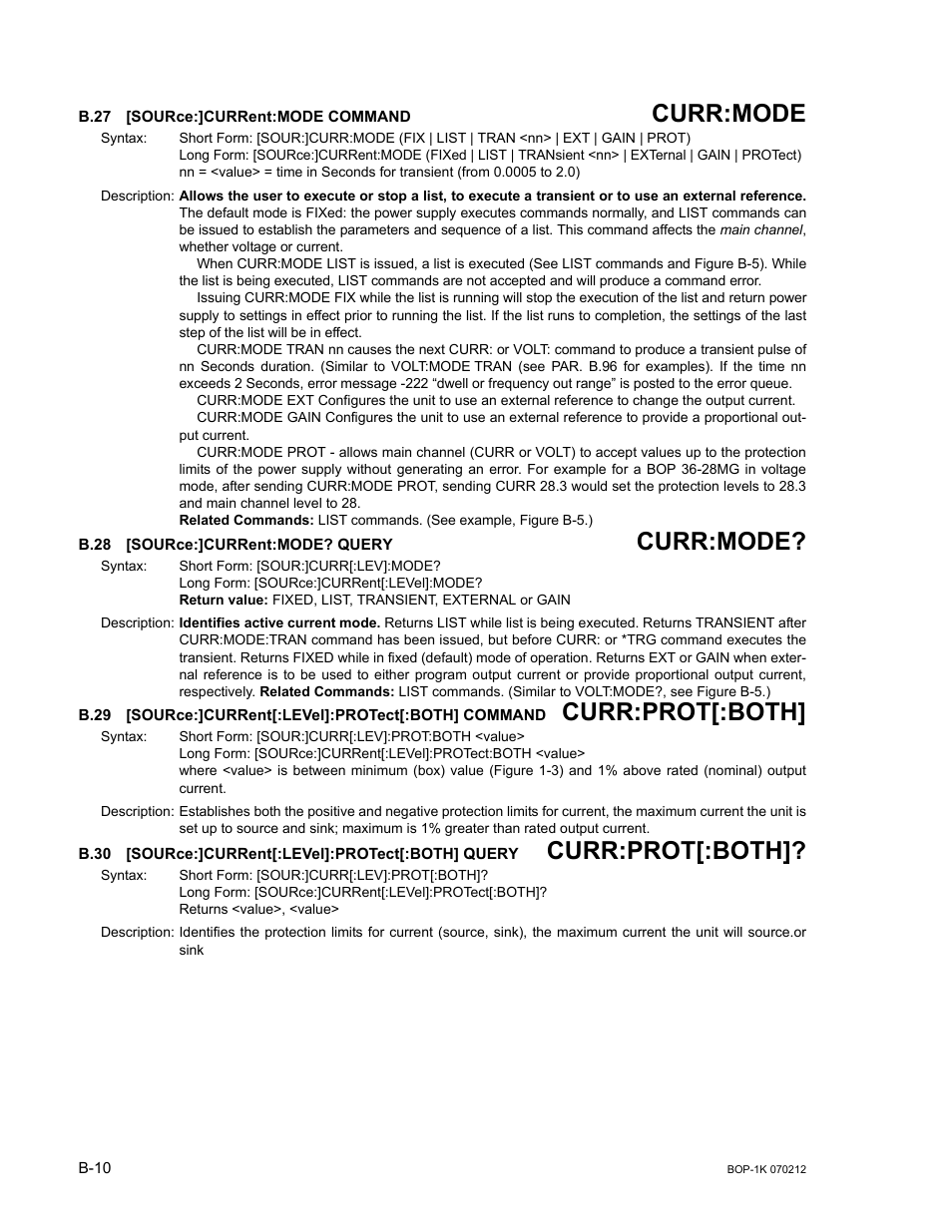 B.27 [source:]current:mode command, B.28 [source:]current:mode? query, B.30 [source:]current[:level]:protect[:both] query | B.27, Sour, B.28, B.29, B.30, B.27, b.28, B.29, b.30 | KEPCO BOP 1KW-MG Operator Manual, Firmware Ver.4.08 to 4.11 User Manual | Page 164 / 194