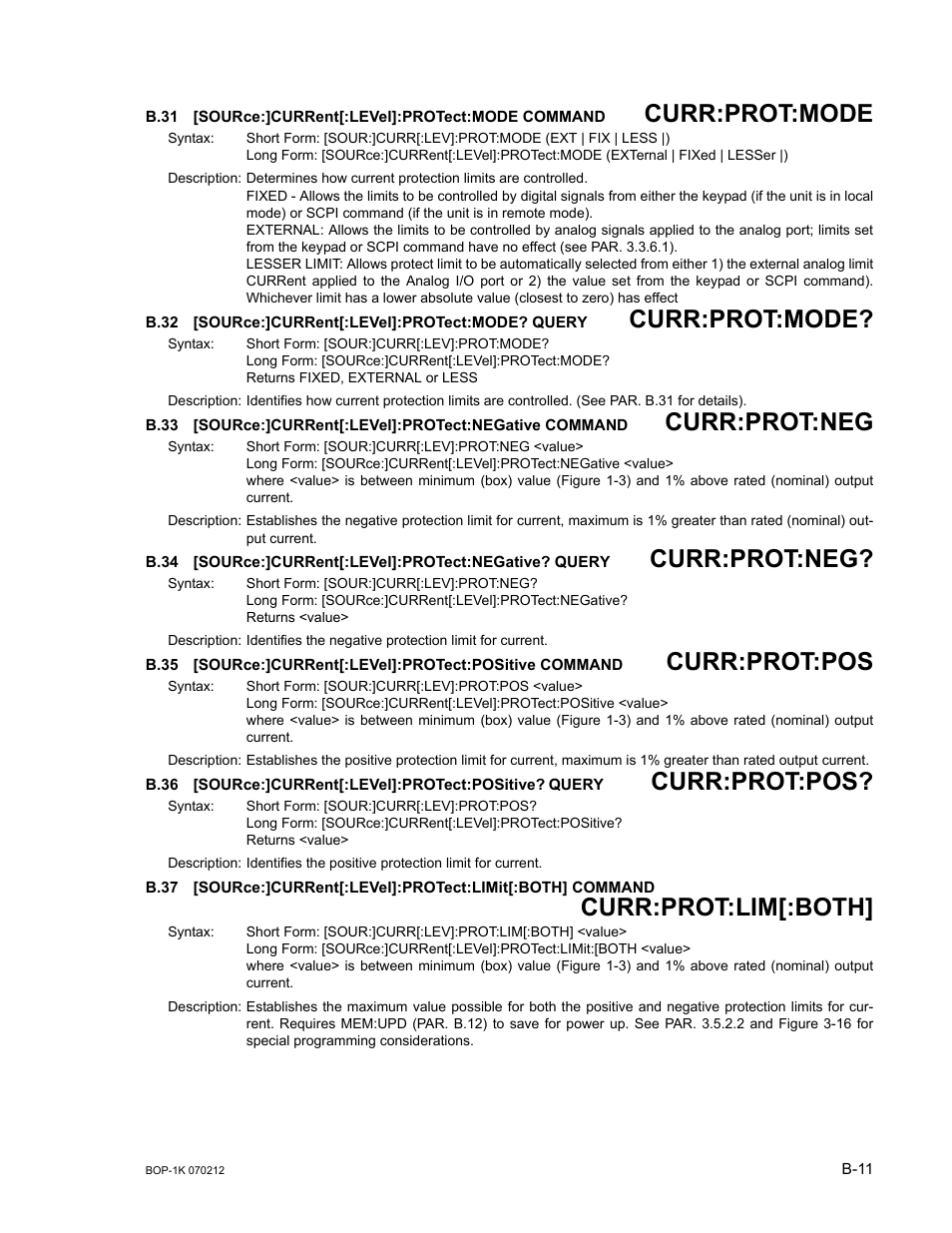 B.31 [source:]current[:level]:protect:mode command, B.32 [source:]current[:level]:protect:mode? query, B.31 | Sour, B.32, B.33, B.34, B.35, B.36, B.37 | KEPCO BOP 1KW-MG Operator Manual, Firmware Ver.4.08 to 4.11 User Manual | Page 165 / 194