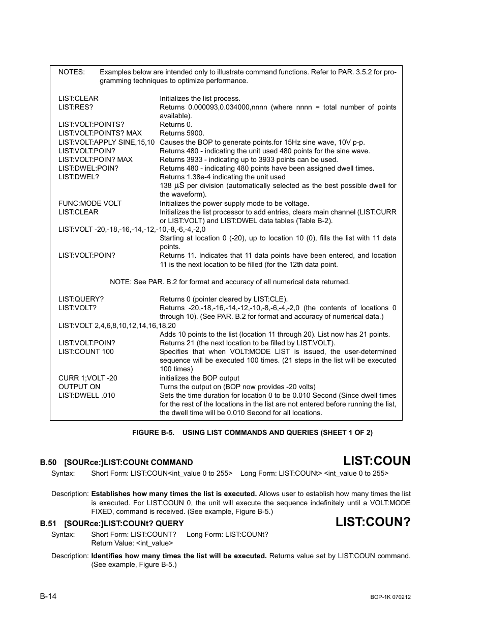 Figure b-5. using list commands and queries, B.50 [source:]list:count command, B.51 [source:]list:count? query | B.50, Sour, B.51, B.50, b.51, List:coun | KEPCO BOP 1KW-MG Operator Manual, Firmware Ver.4.08 to 4.11 User Manual | Page 168 / 194