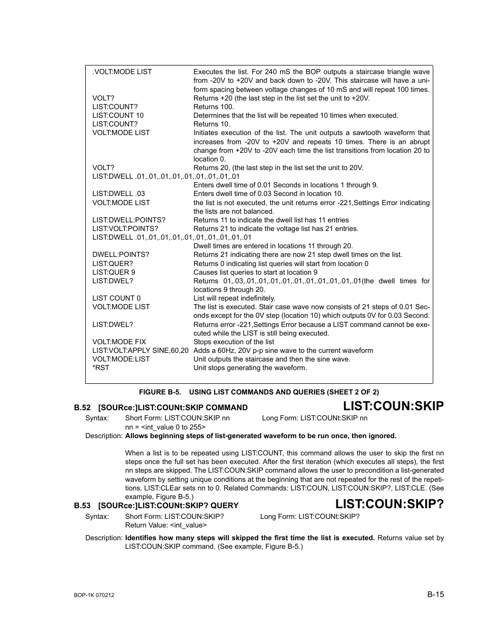 B.52 [source:]list:count:skip command, B.53 [source:]list:count:skip? query, B.52 | Sour, B.53, B.52, b.53, List:coun:skip | KEPCO BOP 1KW-MG Operator Manual, Firmware Ver.4.08 to 4.11 User Manual | Page 169 / 194