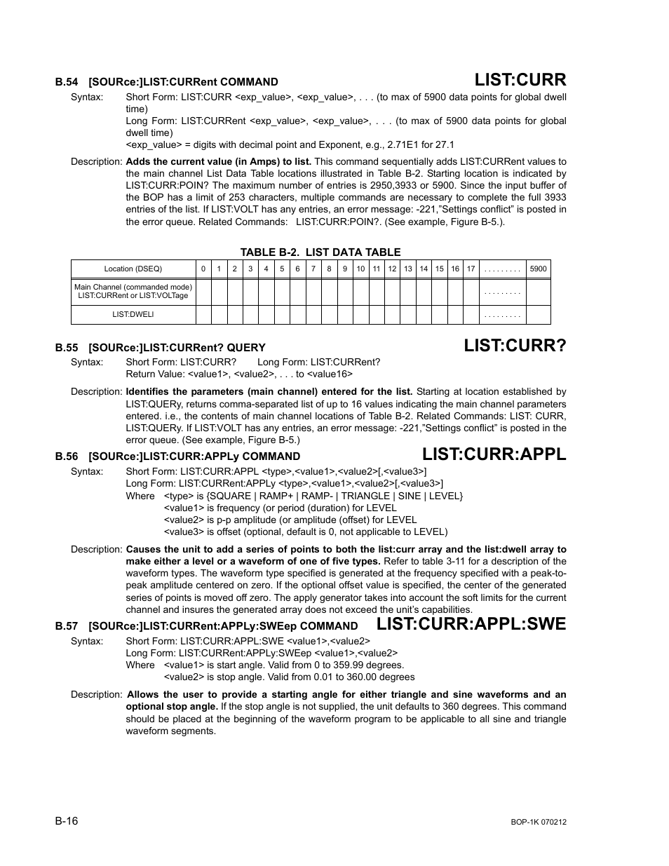 B.54 [source:]list:current command, Table b-2. list data table, B.55 [source:]list:current? query | B.56 [source:]list:curr:apply command, B.57 [source:]list:current:apply:sweep command, B.54, Sour, B.55, B.56, B.57 | KEPCO BOP 1KW-MG Operator Manual, Firmware Ver.4.08 to 4.11 User Manual | Page 170 / 194