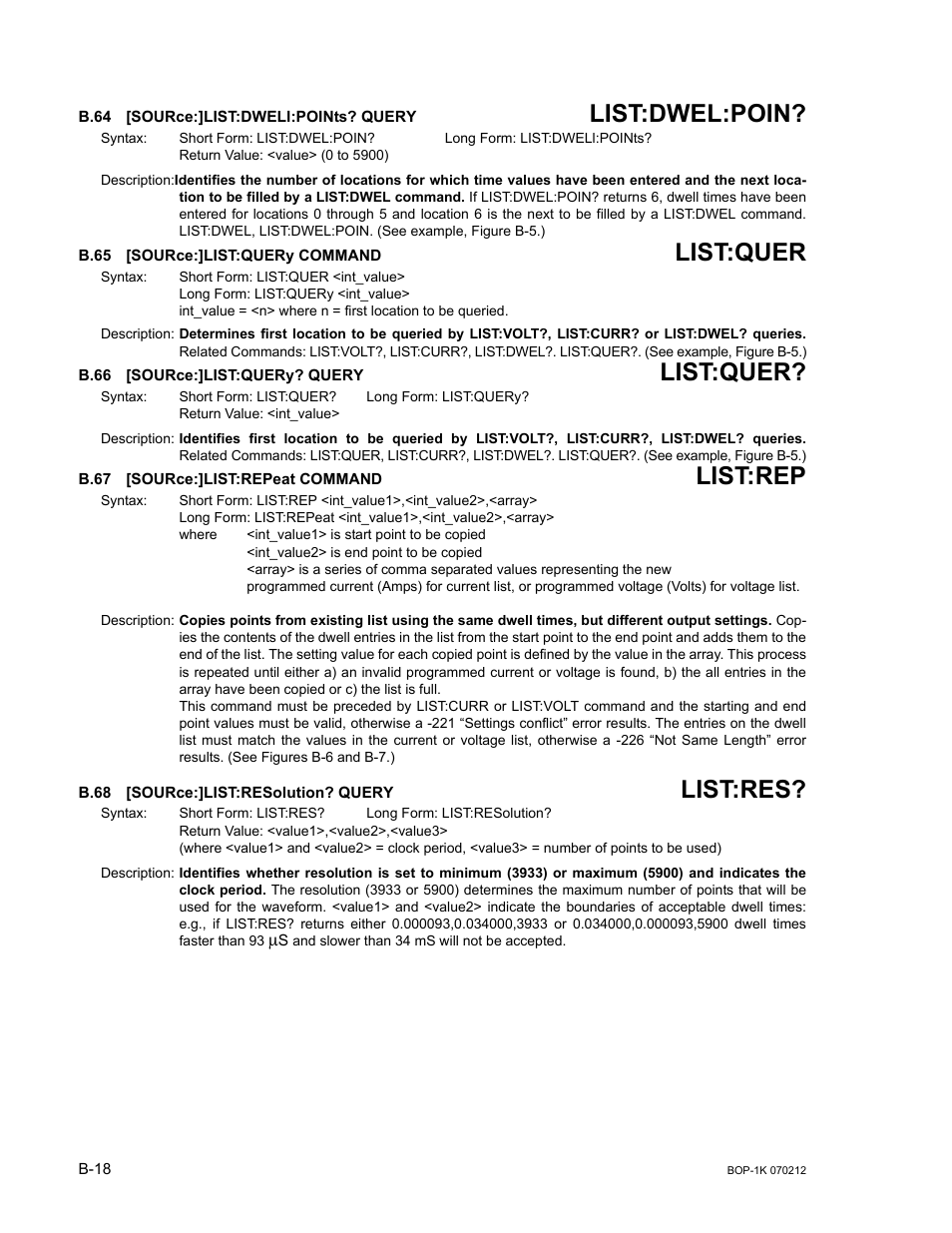 B.64 [source:]list:dwell:points? query, B.65 [source:]list:query command, B.66 [source:]list:query? query | B.67 [source:]list:repeat command, B.68 [source:]list:resolution? query, B.64, Sour, B.65, B.66, B.67 | KEPCO BOP 1KW-MG Operator Manual, Firmware Ver.4.08 to 4.11 User Manual | Page 172 / 194