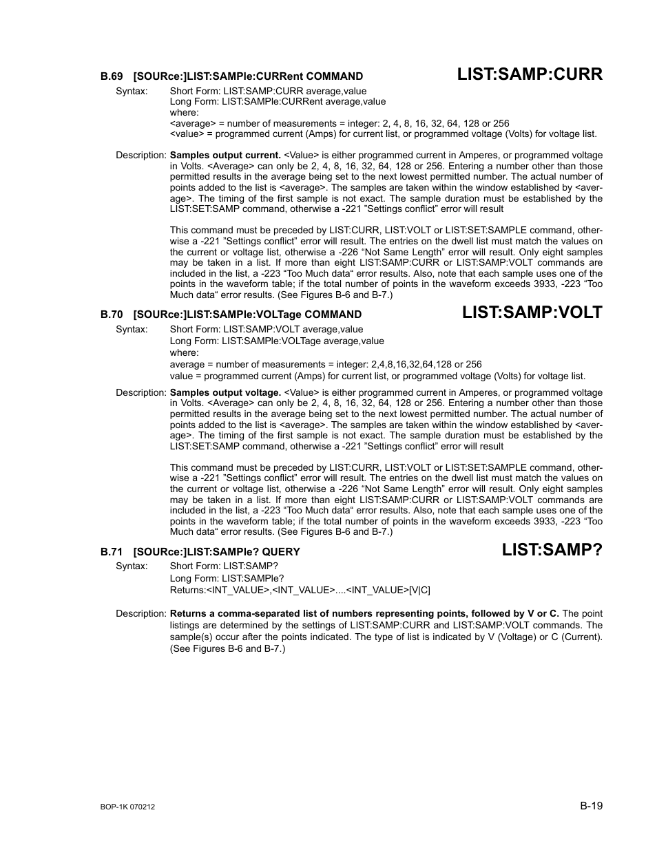 B.69 [source:]list:sample:current command, B.70 [source:]list:sample:voltage command, B.71 [source:]list:sample? query | B.69, Sour, B.70, B.71, List:samp:curr, List:samp:volt, List:samp | KEPCO BOP 1KW-MG Operator Manual, Firmware Ver.4.08 to 4.11 User Manual | Page 173 / 194