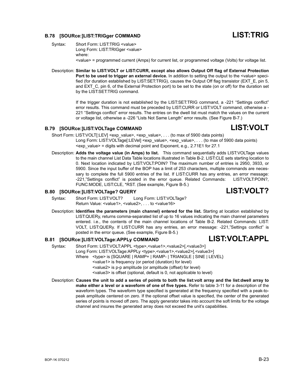 B.78 [source:]list:trigger command, B.79 [source:]list:voltage command, B.80 [source:]list:voltage? query | B.81 [source:]list:voltage:apply command, B.78, Sour, B.79, B.80, B.81, B.79, b.80 | KEPCO BOP 1KW-MG Operator Manual, Firmware Ver.4.08 to 4.11 User Manual | Page 177 / 194