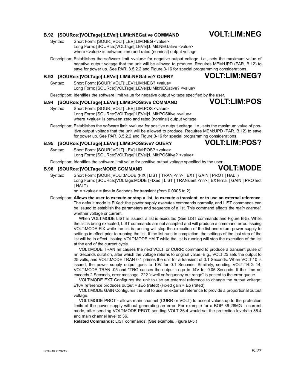 B.96 [source:]voltage:mode command, B.92, Sour | B.93, B.94, B.95, B.96, B.92, b.94, B.92, b.93, B.94, b.95 | KEPCO BOP 1KW-MG Operator Manual, Firmware Ver.4.08 to 4.11 User Manual | Page 181 / 194