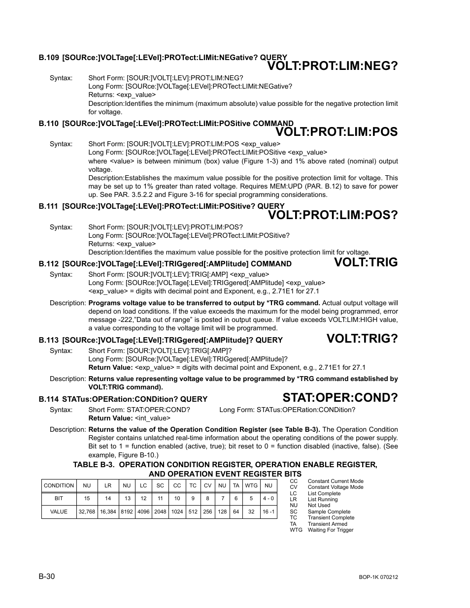 B.114 status:operation:condition? query, B.109, Sour | B.110, B.111, B.112, B.113, B.114, Stat, E b-3) | KEPCO BOP 1KW-MG Operator Manual, Firmware Ver.4.08 to 4.11 User Manual | Page 184 / 194