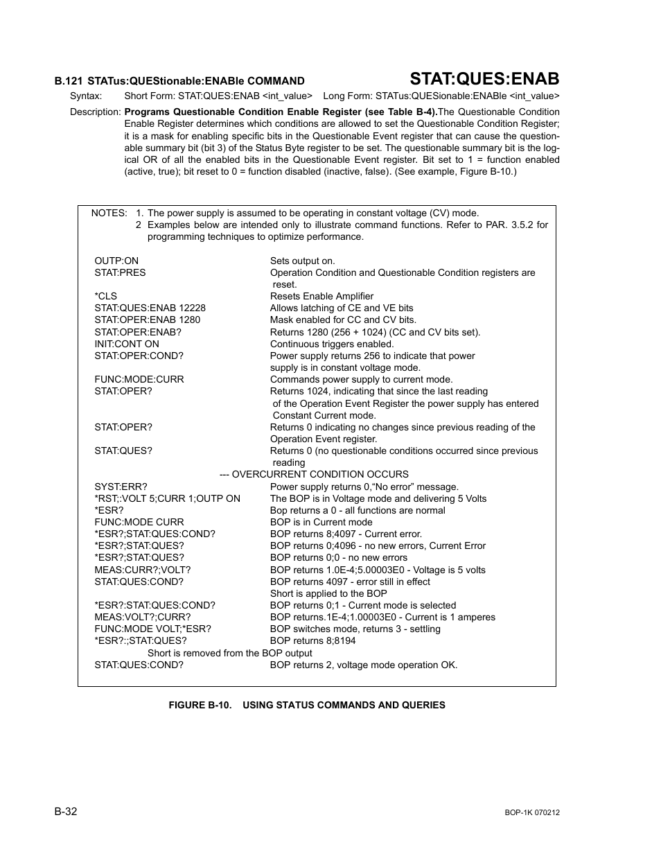 B.121 status:questionable:enable command, Figure b-10. using status commands and queries, B.121 | Stat, B.121, b, Stat:ques:enab | KEPCO BOP 1KW-MG Operator Manual, Firmware Ver.4.08 to 4.11 User Manual | Page 186 / 194