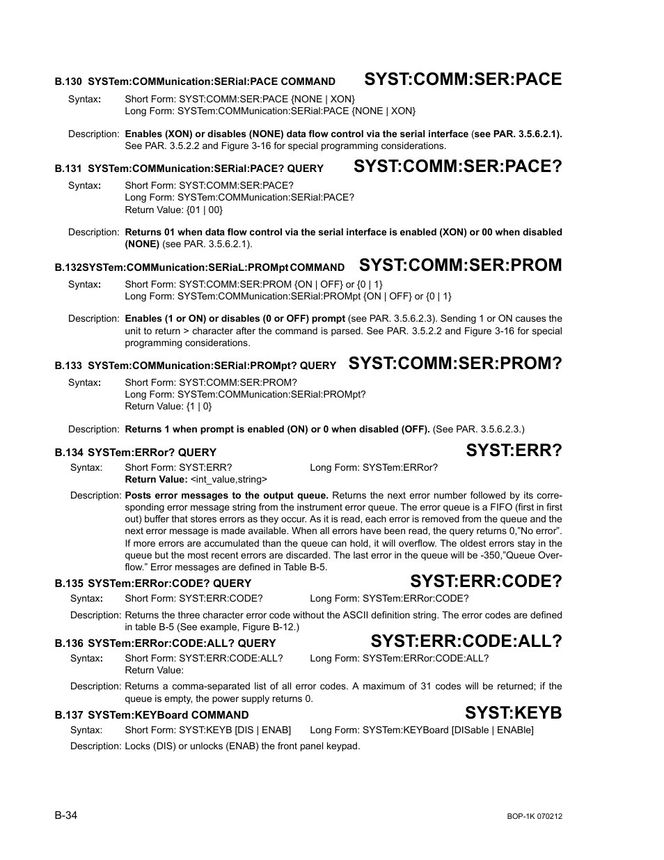 B.130 system:communication:serial:pace command, B.131 system:communication:serial:pace? query, B.132 system:communication:serial:prompt command | B.133 system:communication:serial:prompt? query, B.134 system:error? query, B.135 system:error:code? query, B.136 system:error:code:all? query, B.137 system:keyboard command, B.130, System:communic | KEPCO BOP 1KW-MG Operator Manual, Firmware Ver.4.08 to 4.11 User Manual | Page 188 / 194