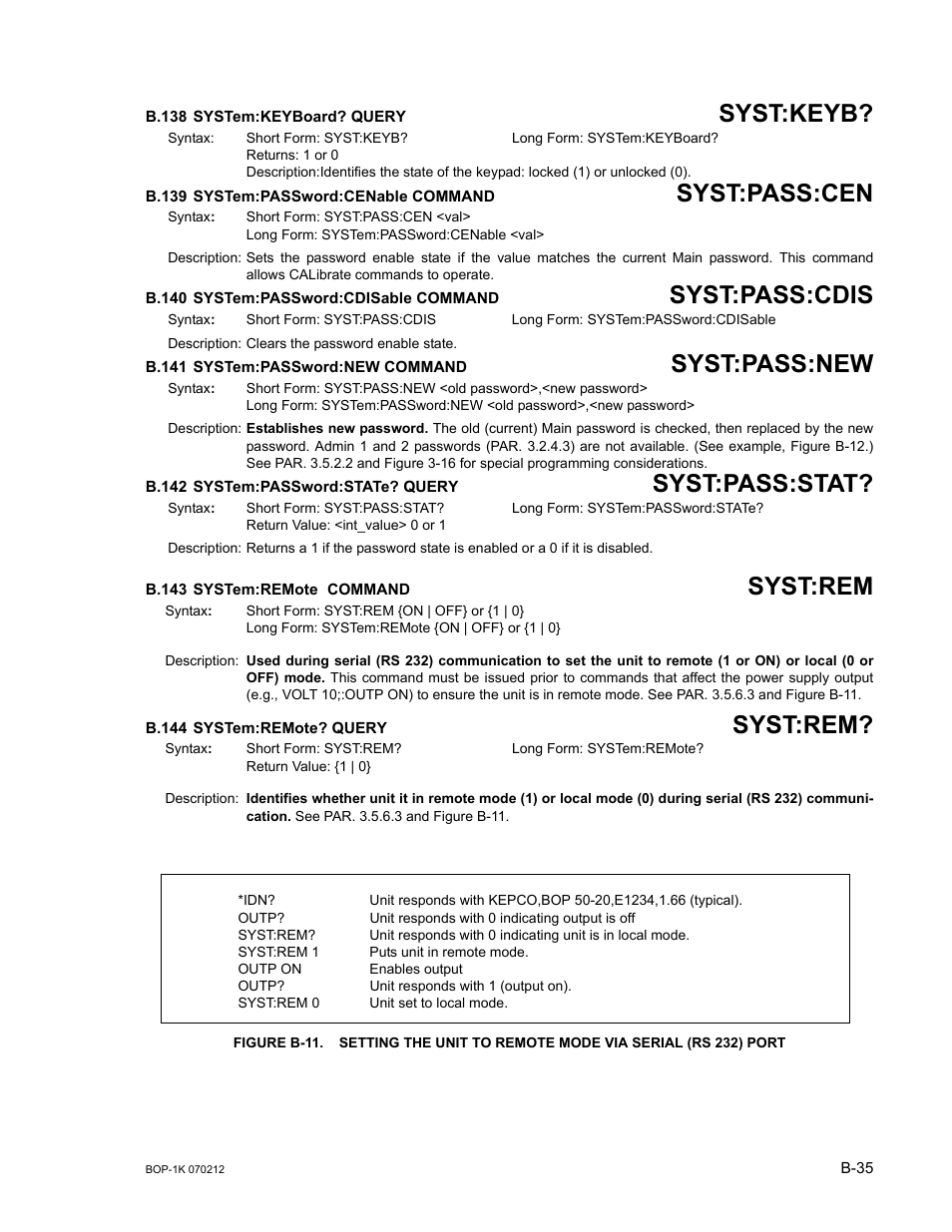 B.138 system:keyboard? query, B.139 system:password:cenable command, B.140 system:password:cdisable command | B.141 system:password:new command, B.142 system:password:state? query, B.143 system:remote command, B.144 system:remote? query, B.138, Syst, B.139 | KEPCO BOP 1KW-MG Operator Manual, Firmware Ver.4.08 to 4.11 User Manual | Page 189 / 194