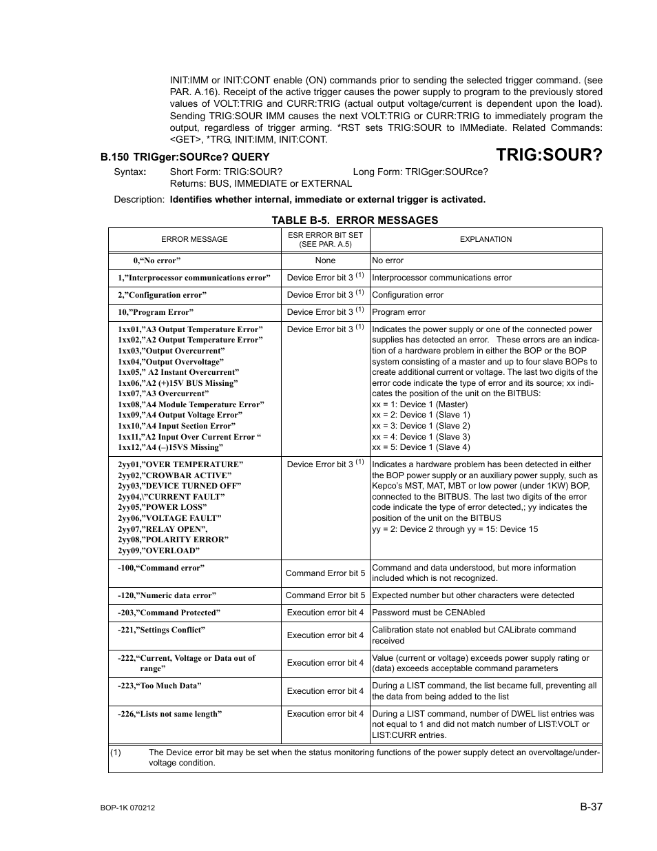 B.150 trigger:source? query, Table b-5. error messages, B.150 | Trig, B-5, appendix, H b.150, E b-5) i, Trig:sour | KEPCO BOP 1KW-MG Operator Manual, Firmware Ver.4.08 to 4.11 User Manual | Page 191 / 194