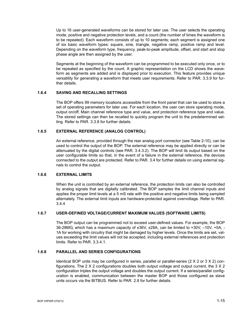 4 saving and recalling settings, 5 external reference (analog control), 6 external limits | 8 parallel and series configurations, Saving and recalling settings -15, External reference (analog control) -15, External limits -15, Parallel and series configurations -15 | KEPCO BOP 1KW-MG Operator Manual, Firmware Ver.4.08 to 4.11 User Manual | Page 35 / 194