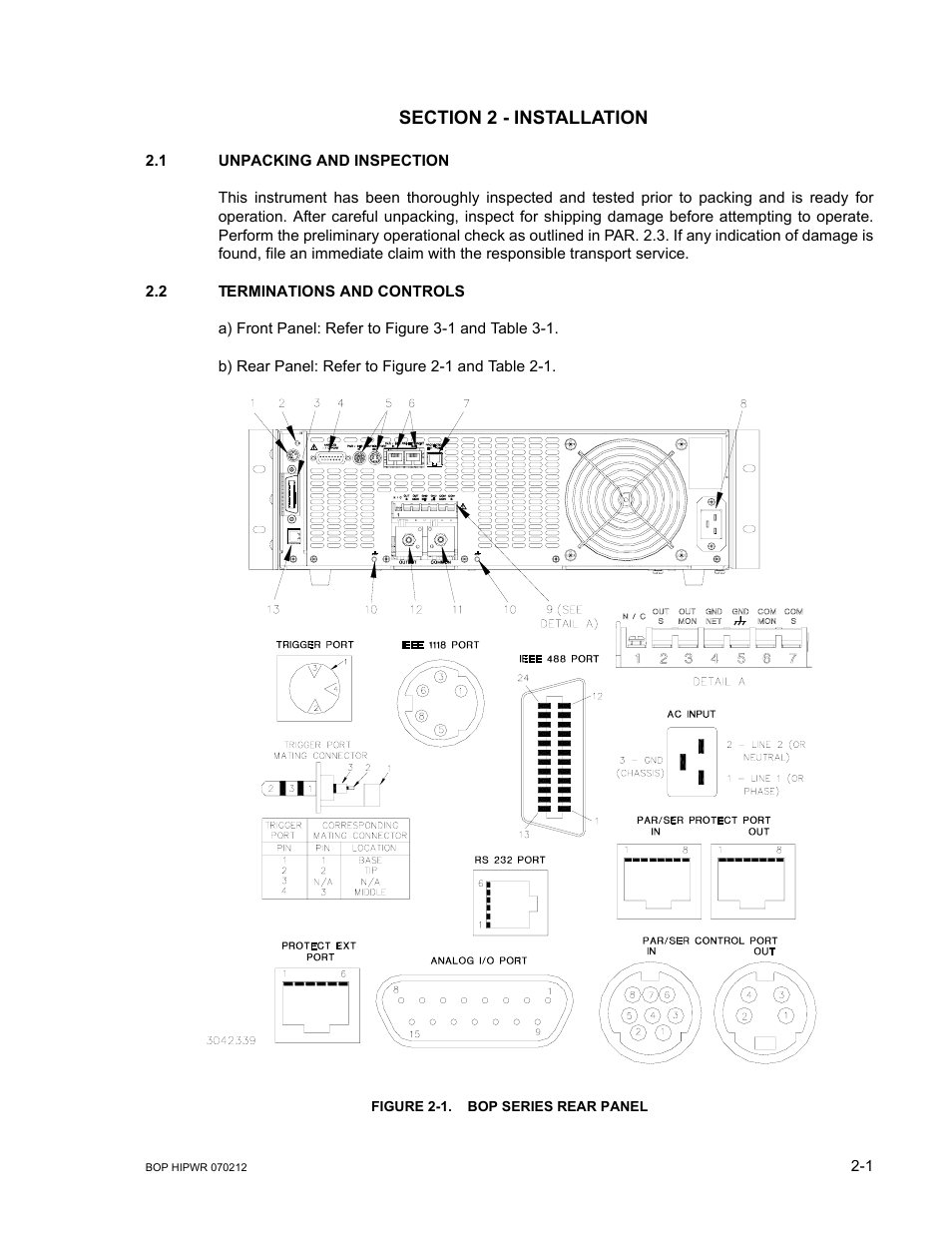 Section 2 - installation, 1 unpacking and inspection, 2 terminations and controls | Figure 2-1. bop series rear panel, Unpacking and inspection -1, Terminations and controls -1, Bop series rear panel -1, E 2-1, t | KEPCO BOP 1KW-MG Operator Manual, Firmware Ver.4.08 to 4.11 User Manual | Page 39 / 194