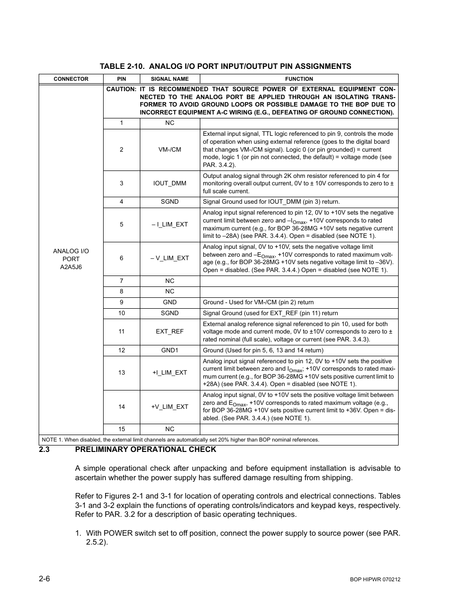 3 preliminary operational check, Caution, A-c wiring (e.g., defeating of ground connection) | Preliminary operational check -6, 10 analog i/o port input/output pin assignments -6, Able 2-10), Able 2-10, E 2-10, R. 2.3, Able 2-10.) | KEPCO BOP 1KW-MG Operator Manual, Firmware Ver.4.08 to 4.11 User Manual | Page 44 / 194