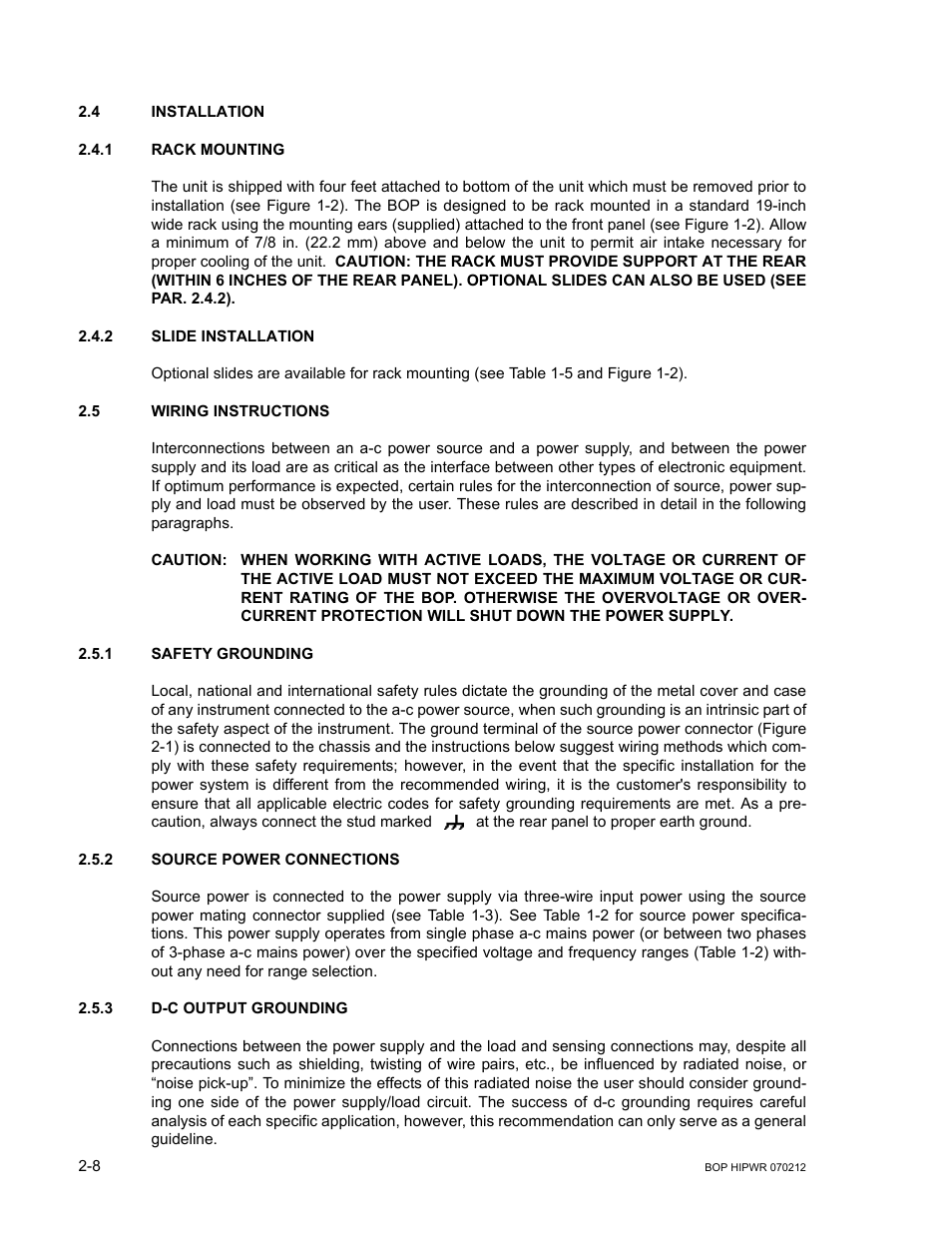 4 installation, 1 rack mounting, 2 slide installation | 5 wiring instructions, 1 safety grounding, 2 source power connections, 3 d-c output grounding, Caution, Er supply, Installation -8 | KEPCO BOP 1KW-MG Operator Manual, Firmware Ver.4.08 to 4.11 User Manual | Page 46 / 194