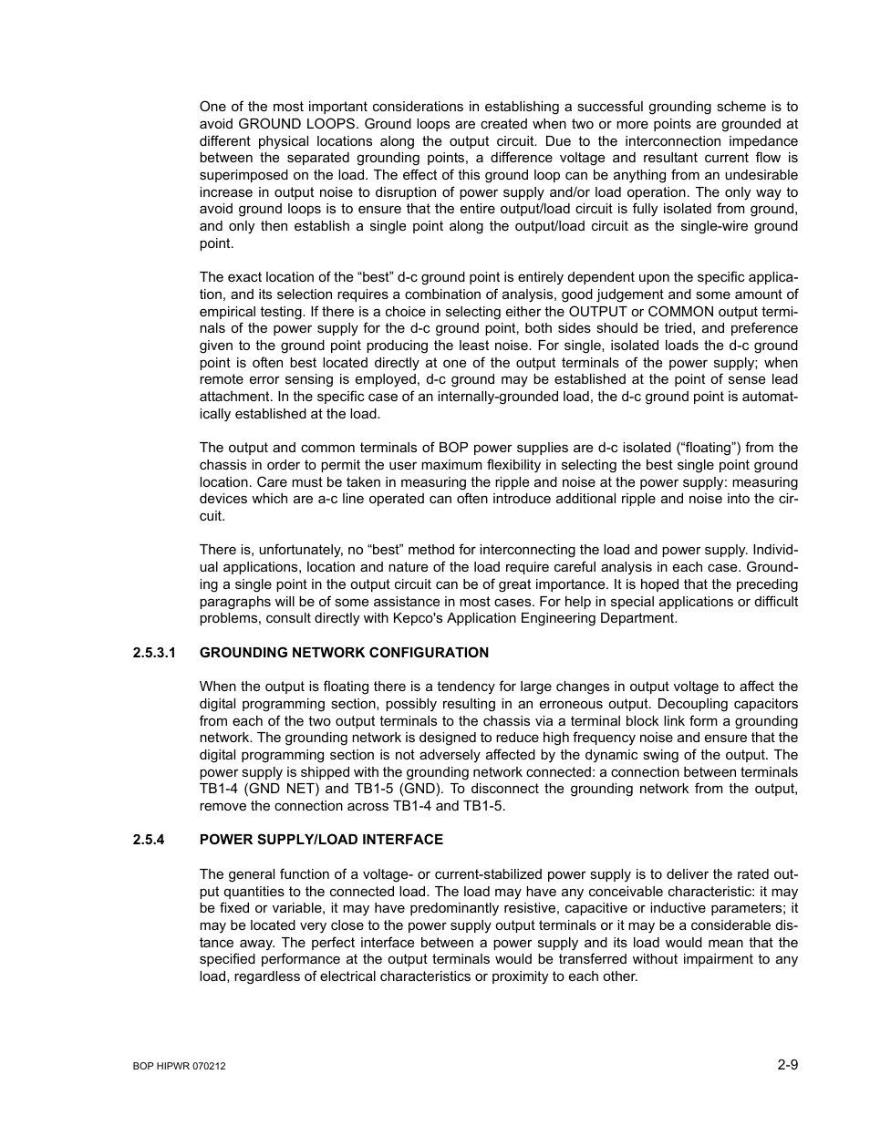 1 grounding network configuration, 4 power supply/load interface, Grounding network configuration -9 | Power supply/load interface -9 | KEPCO BOP 1KW-MG Operator Manual, Firmware Ver.4.08 to 4.11 User Manual | Page 47 / 194