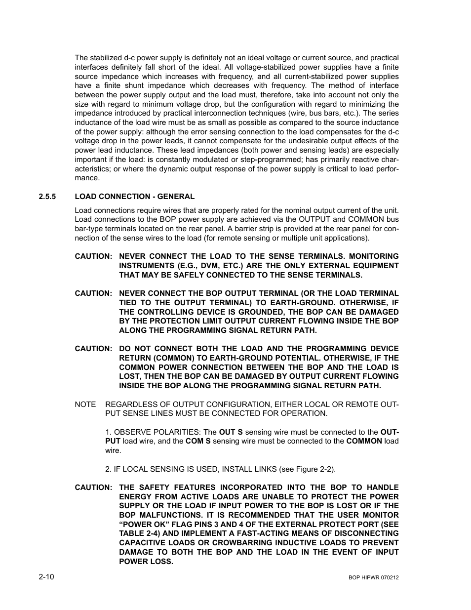 5 load connection - general, Caution, Nected to the sense terminals | Ming signal return path, Load connection - general -10 | KEPCO BOP 1KW-MG Operator Manual, Firmware Ver.4.08 to 4.11 User Manual | Page 48 / 194