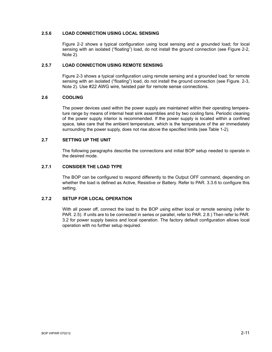 6 load connection using local sensing, 7 load connection using remote sensing, 6 cooling | 7 setting up the unit, 1 consider the load type, 2 setup for local operation, Load connection using local sensing -11, Load connection using remote sensing -11, Cooling -11, Setting up the unit -11 | KEPCO BOP 1KW-MG Operator Manual, Firmware Ver.4.08 to 4.11 User Manual | Page 49 / 194