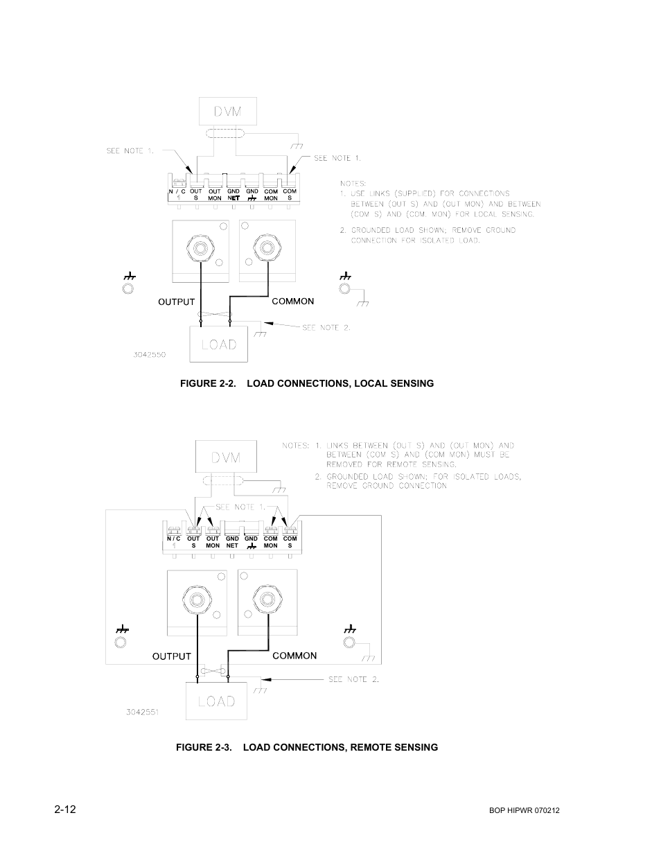 Figure 2-2. load connections, local sensing, Figure 2-3. load connections, remote sensing, Load connections, local sensing -12 | Load connections, remote sensing -12 | KEPCO BOP 1KW-MG Operator Manual, Firmware Ver.4.08 to 4.11 User Manual | Page 50 / 194