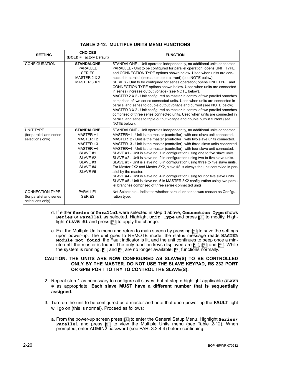 Table 2-12. multiple units menu functions, Slave(s), 12 multiple units menu functions -20 | KEPCO BOP 1KW-MG Operator Manual, Firmware Ver.4.08 to 4.11 User Manual | Page 58 / 194