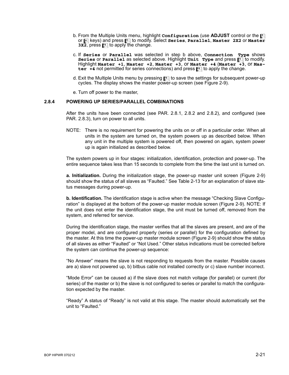 4 powering up series/parallel combinations, Powering up series/parallel combinations -21 | KEPCO BOP 1KW-MG Operator Manual, Firmware Ver.4.08 to 4.11 User Manual | Page 59 / 194